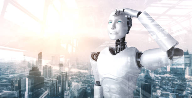 istock 3D illustration robot humanoid looking forward against cityscape skyline 1289963750