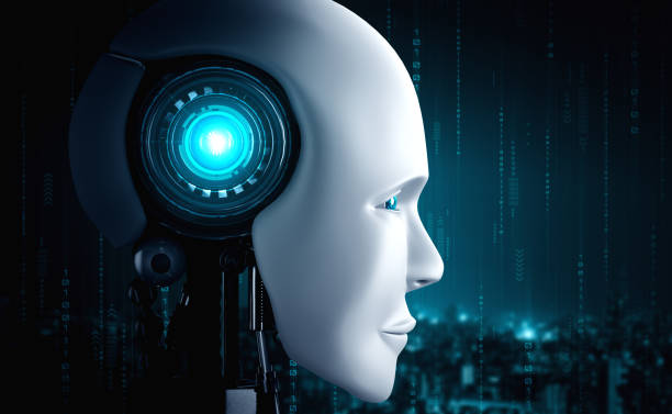 istock Robot humanoid face close up with graphic concept of AI thinking brain 1289964472