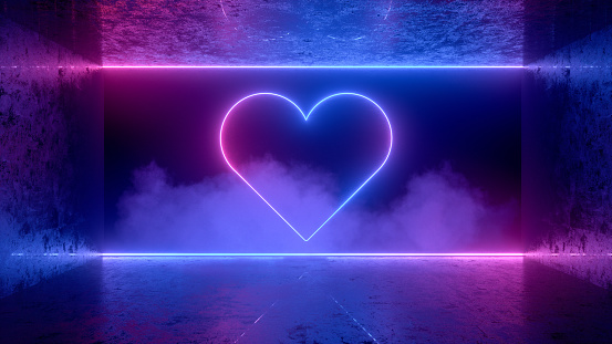 3d rendering of Neon Light Heart Shape Background, Abstract Valentine's Day Concept.