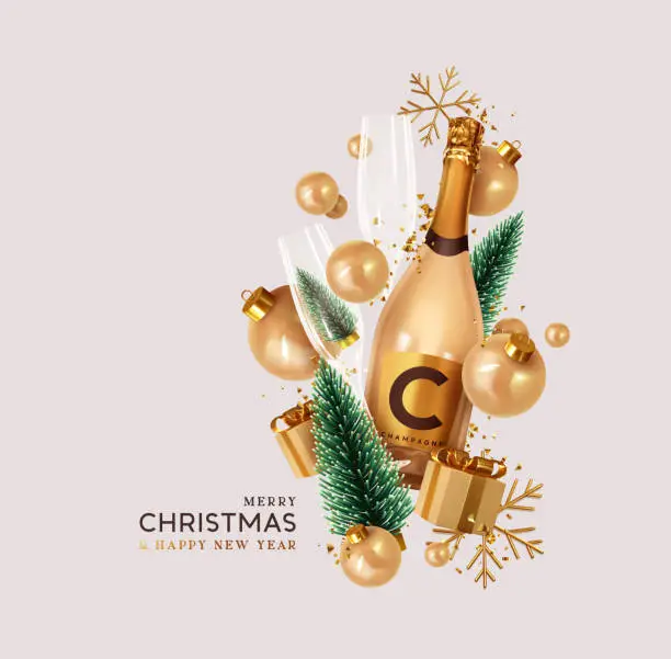 Vector illustration of Merry Christmas and Happy New Year. Xmas Festive background with realistic 3d objects champagne bottle, gift boxes, bauble balls, green christmas tree. Levitation falling design composition.