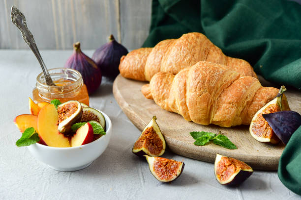 Breakfast coffee with milk croissants jam