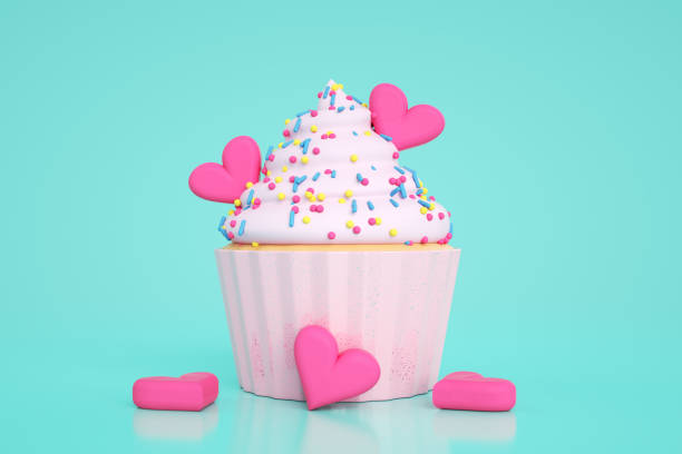 3d rendering of Cupcake with Heart Shape Candy, Valentine's Day Background.