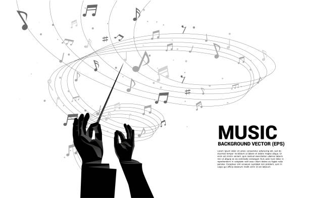 Vector conductor hand with music melody note dancing flow . Concept background for song and concert theme. musical conductor stock illustrations