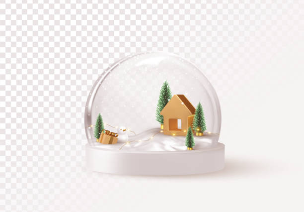 рождественский снежок с деревьями и домом. стеклянный снежный шар выделил реалистичный 3d дизайн. праздничный объект xmas. поздравляю с новым  - christmas 3d stock illustrations