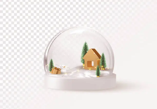Vector illustration of Christmas Snowball with trees and house. Glass snow globe isolated realistic 3d design. Festive Xmas object. Happy New Year and Merry Christmas. vector illustration