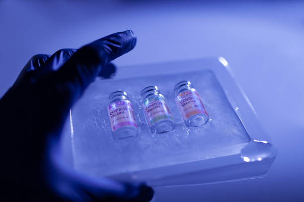 Held by hand with surgical glove in close-up a deep frozen box with inside vials of COVID-19 vaccine stored at low temperature. Labeled SARS-CoV-2 against Coronavirus stock photo