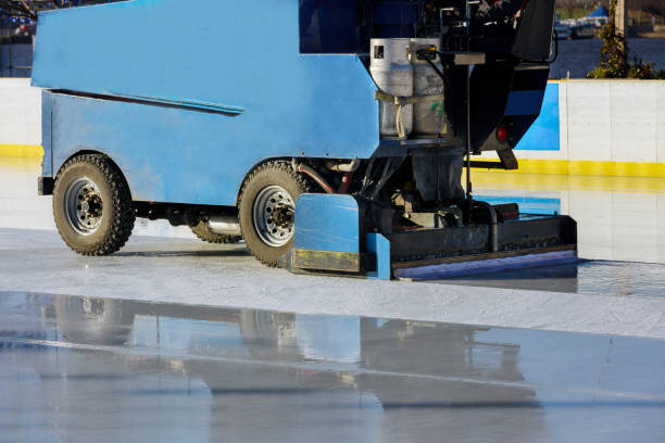 istock Ice preparation in the ice public rink between sessions polished by machine 1289970331