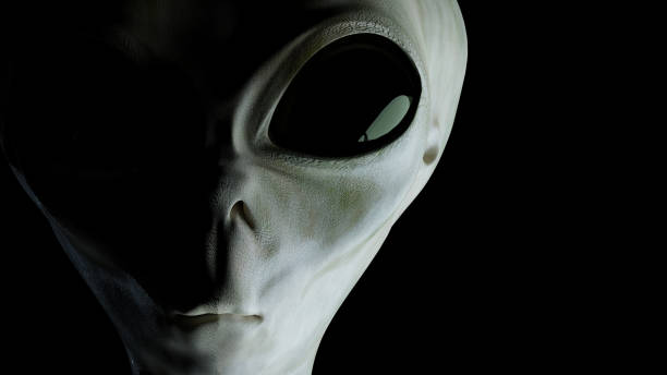 Close-up view on alien's face. 3D rendered illustration. stock photo