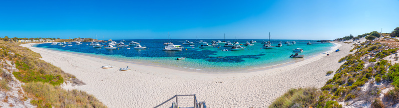 Rottnest island, Australia, January 19, 2020: Boats mooring at Longreach bay at Rottnest island in Australia