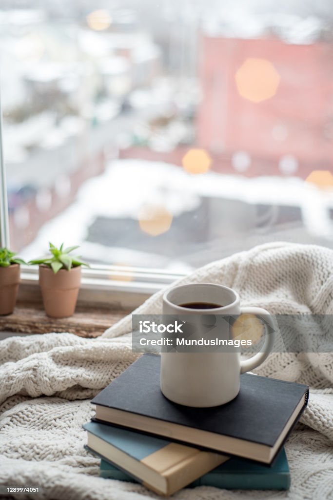 A cozy at home shot of a mug and books on a blanket by the window. Cozy still life by a windowsill with the concept of getting comfortable and taking a break. Hygge Stock Photo