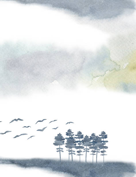 istock Watercolor landscape with foggy coniferous forest, card or poster template 1289974348