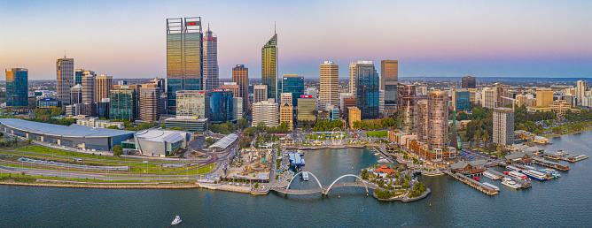 Perth, Australia, January 18, 2020: Sunset view of skyline of Elizabeth quay in Perth, Australia