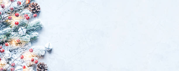 istock Christmas background of snow-covered branches with berries. 1289975341