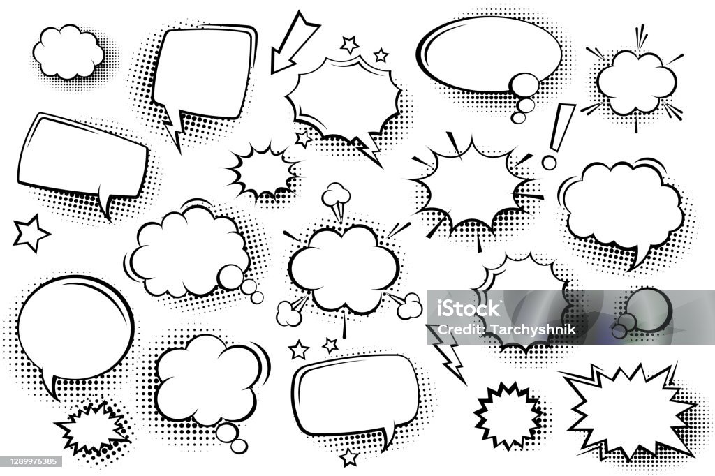 Collection of empty comic speech bubbles with halftone shadows. Hand drawn retro cartoon stickers. Pop art style. Vector illustration - Royalty-free Banda Desenhada - Publicação arte vetorial
