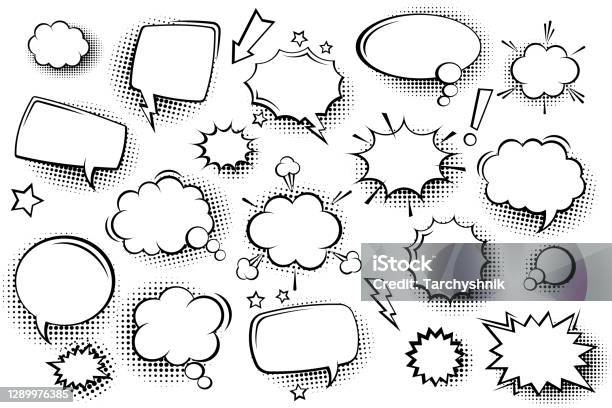 Collection Of Empty Comic Speech Bubbles With Halftone Shadows Hand Drawn Retro Cartoon Stickers Pop Art Style Vector Illustration - Arte vetorial de stock e mais imagens de Banda Desenhada - Publicação