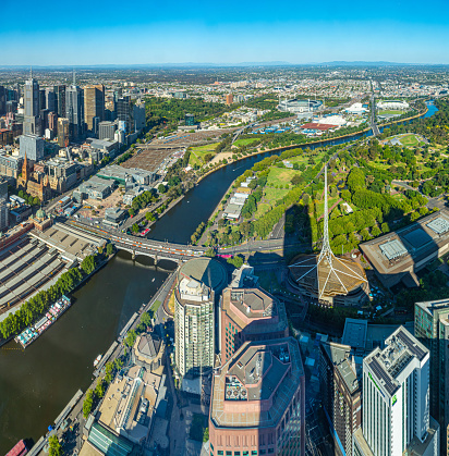 Melbourne,  Australia, January 1, 2020: Aerial view of downtown Melbourne behind Yarra river, Australia