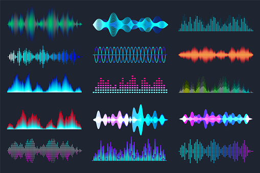 Colored sound waves collection. Analog and digital audio signal. Music equalizer. Interference voice recording. High frequency radio wave. Vector illustration