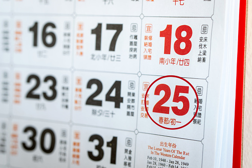 Close up of 2020 lunar calendar showing Jan 25 as the first day of Chinese New Year