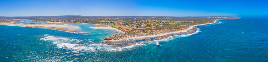 Aerial view of confluence of Murchison river with Indian ocean at Kalbarri, Australia