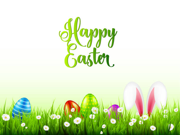 ilustrações de stock, clip art, desenhos animados e ícones de easter eggs on grass with bunny rabbit ears set. spring holidays in april. sunday seasonal celebration with egg hunt - mask religious celebration horizontal easter