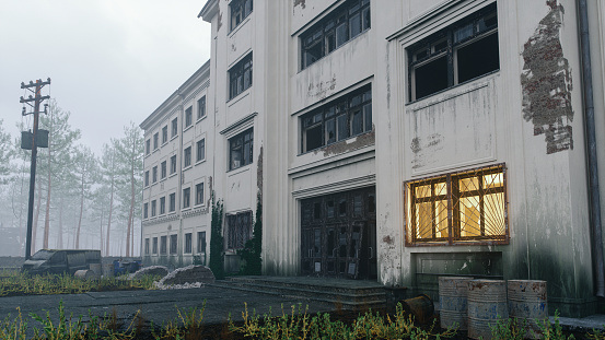 Spooky abandoned building exterior.