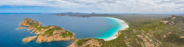 Aerial view of Lucky bay near Esperance viewed during a cloudy day, Australia Aerial view of Lucky bay near Esperance viewed during a cloudy day, Australia cape le grand national park stock pictures, royalty-free photos & images