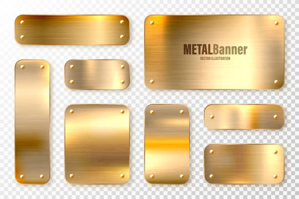 istock Realistic shiny metal banners set. Brushed steel plate. Polished copper metal surface. Vector illustration 1289981354