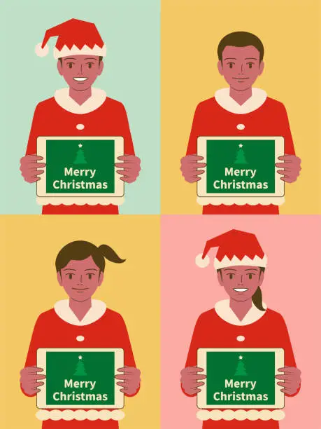 Vector illustration of Smiling beautiful children (boys and girls) dressed in a Santa Claus suit holding a digital tablet screen showing Christmas greetings
