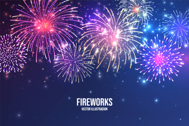 Festive fireworks. Realistic colorful firework on blue abstract background. Multicolored explosion. Christmas or New Year greeting card. Diwali festival of lights. Vector illustration Festive fireworks. Realistic colorful firework on blue abstract background. Multicolored explosion. Christmas or New Year greeting card. Diwali festival of lights. Vector illustration fireworks stock illustrations