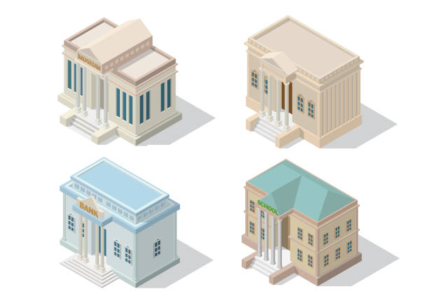 ilustraciones, imágenes clip art, dibujos animados e iconos de stock de edificio público de arquitectura urbana isométrica. - política y gobierno