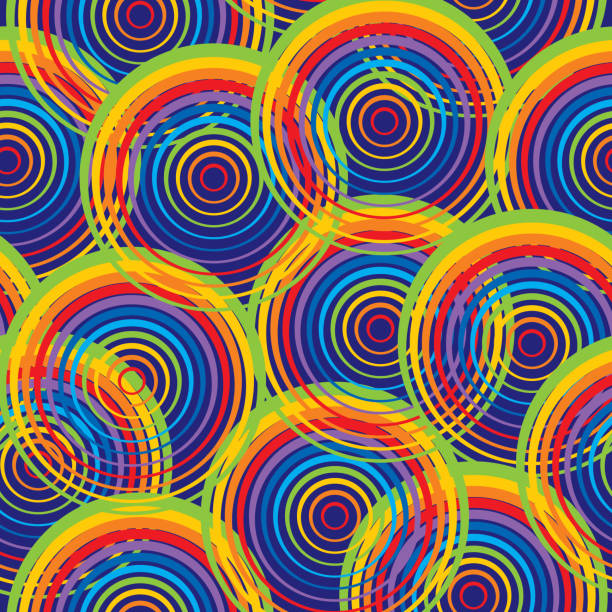 Abstract Rainbow Striped Circles Seamless Pattern Vector seamless pattern of overlapping rainbow striped circles on a dark blue square background. illusion pattern circle image created 1960s stock illustrations