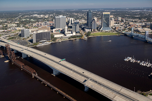 Aerial view of Jacksonville Florida skyline photograph taken Nov 2020