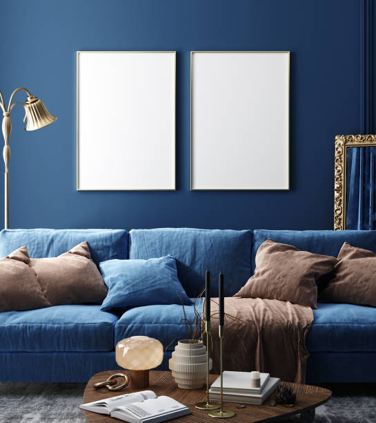 istock Mock up poster frame in dark blue home interior background, modern style 1289986780