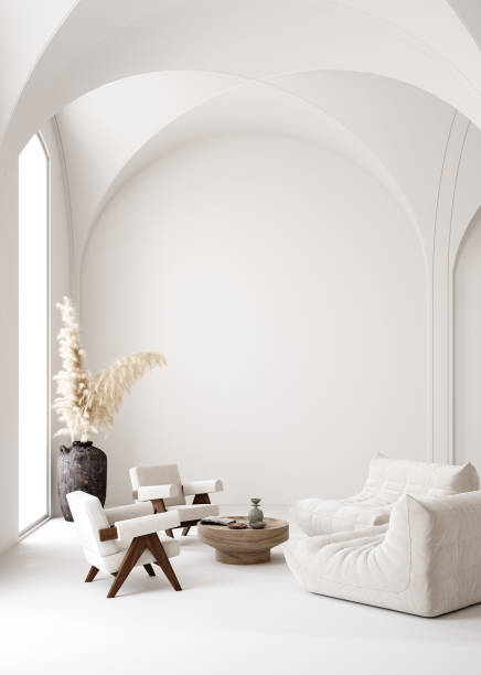 interni bianchi minimalisti contemporanei, stile scandi-boho - white interior foto e immagini stock