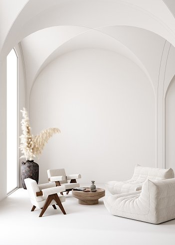 Contemporary minimalist white interior, Scandi-Boho style, 3d render