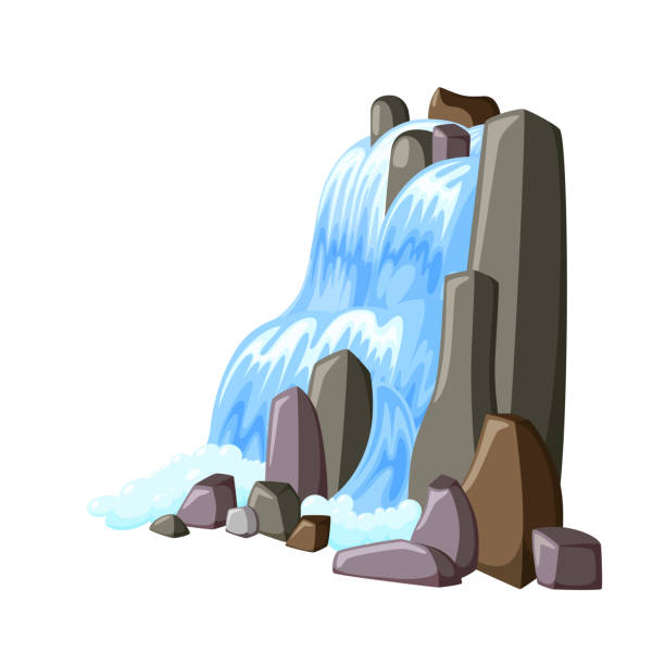 Waterfall cascade in rocks. Water splashing down with foam. Vector illustration of falling river Waterfall cascade in rocks. Water splashing down with foam. Vector illustration of falling river in cartoon style amazon forest stock illustrations