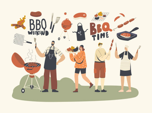 가족 또는 친구 캐릭터는 야외 바베큐에 시간을 보냅니다. 야채와 함께 소시지와 고기를 요리하고 먹는 사람들 - 바비큐 일러스트 stock illustrations