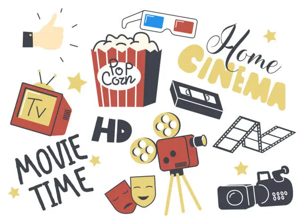 Vector illustration of Set of Icons Home Cinema Theme. Retro Camera, Television, Pop Corn and 3d Glasses, Sad Happy Mask, Film Reel and Stars