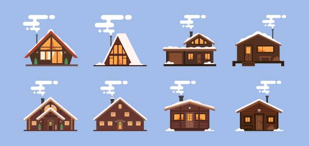 ilustrações de stock, clip art, desenhos animados e ícones de collection of winter houses. snow-covered christmas houses and country cottages, alpine chalet, mountain house. cartoon style, flat illustration. for websites, wallpapers, posters or banners - cabin