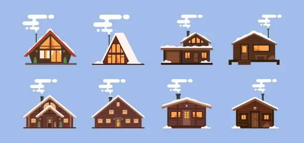 Vector illustration of Collection of winter houses. Snow-covered Christmas houses and country cottages, alpine chalet, mountain house. Cartoon style, flat illustration. For websites, wallpapers, posters or banners