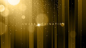 Award nomination ceremony luxury background with golden glitter sparkles, lines and bokeh. Vector presentation shiny poster.