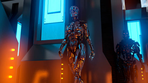 istock Two metallic cyborgs in a futuristic room 1289993598