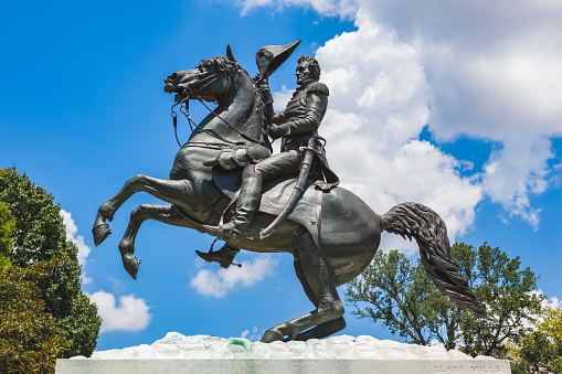 President and Major General Andrew Jackson sculpture across from the White House in Lafayette Square in Washington, DC. Sculpted by Clark Mills in 1853. Depicts Jackson on horseback from the Battle of New Orleans, last major battle of the War of 1812
