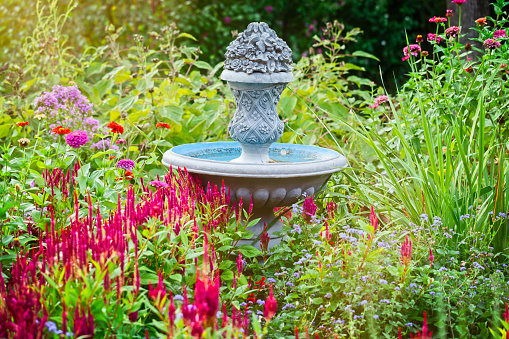 Running water fountain in a formal rose garden