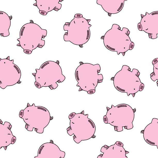Cute Pink Pigs Seamless Pattern Vector seamless of cute little hand drawn pink pigs on a white background. coin bank illustrations stock illustrations