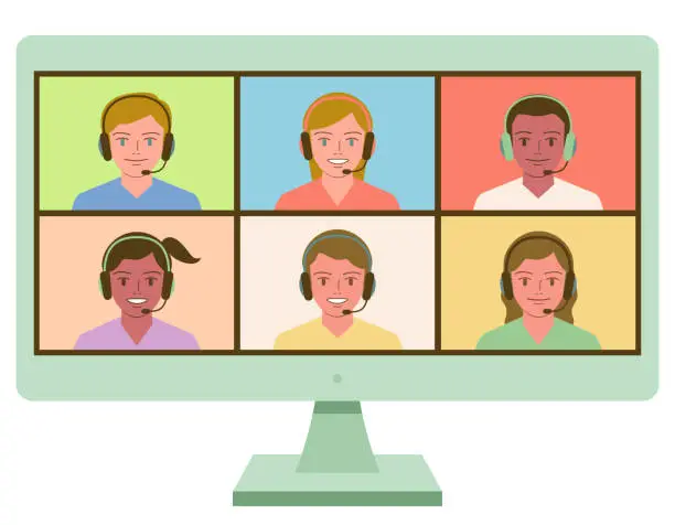 Vector illustration of Smiling Multi-Ethnic children wearing headphones making video call; Language exchanging and online education and distance learning at home concept