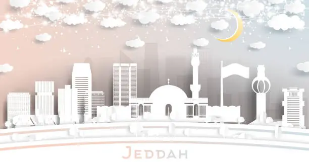 Vector illustration of Jeddah Saudi Arabia City Skyline in Paper Cut Style with Snowflakes, Moon and Neon Garland.