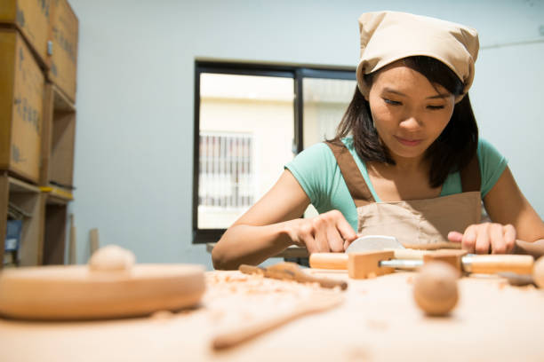 woman carpentry at home, wooden work concept