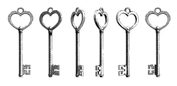 Vector illustration of Sketch of a key in the shape of a vintage heart shape from different angles.