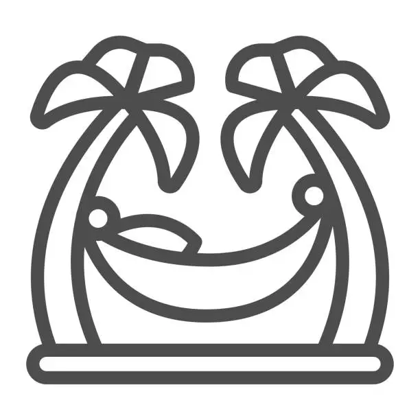 Vector illustration of Hammock between palm trees line icon, waterpark concept, beach hammock sign on white background, man relaxing on hammock between two palms icon in outline style for mobile. Vector graphics.